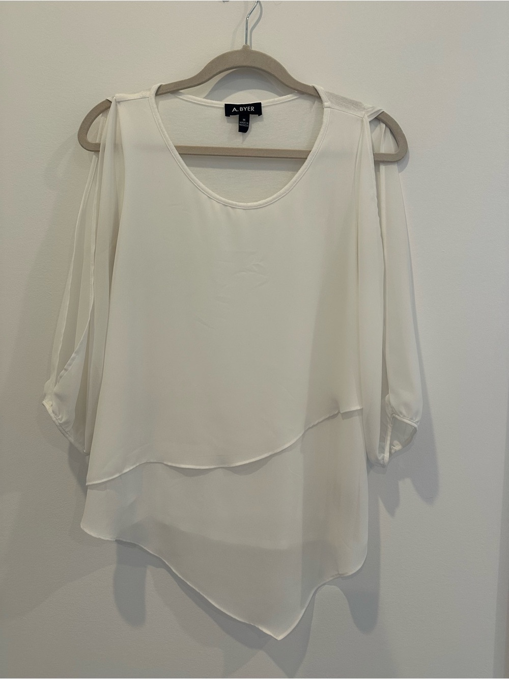 A. Byer Cream Cold-Shoulder Layered Chiffon Blouse